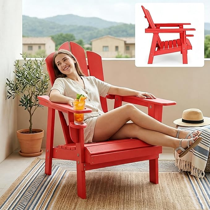 PROHIKER Adirondack Chair with Cup Holder, HDPE Outdoor Patio Chair All Weather Outdoor Chairs for Lawn Garden Porch Backyard, Plastic, Red