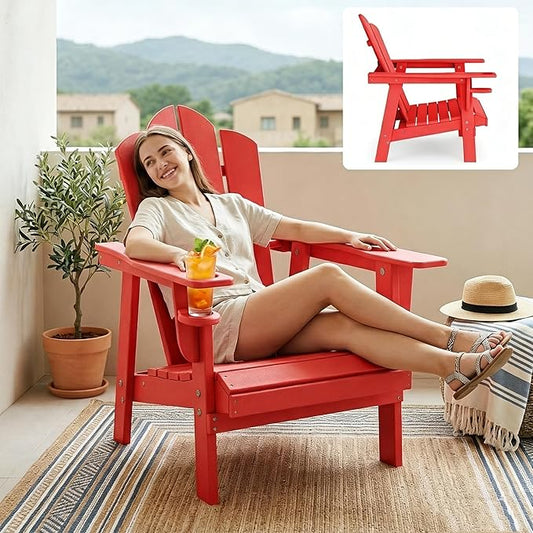 PROHIKER Adirondack Chair with Cup Holder, HDPE Outdoor Patio Chair All Weather Outdoor Chairs for Lawn Garden Porch Backyard, Plastic, Red