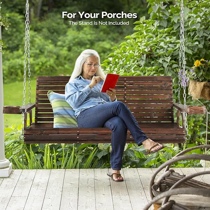 VINGLI XL Size Patio Wooden Porch Swing Outdoor with Cup Holders & Phone Slots - Photo 5