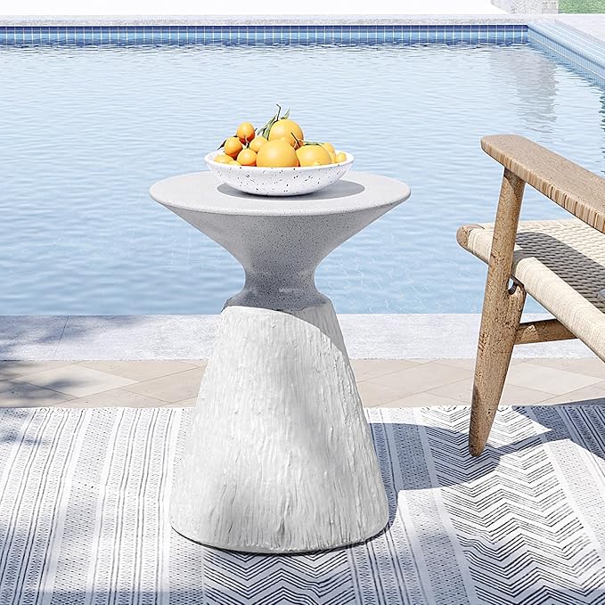 SUNBURY Outdoor Side Table, Round Concrete Side Table, Mushroom End Table for Plant Stand, Modern Accent Table, Marble Garden Stool for Patio, Poolside, Spotted White