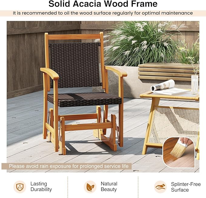 HAPPYGRILL Outdoor Glider Chair Acacia Wood Porch Glider with Rattan Seat and Backrest, Swing Rocking Armchair for Patio - Photo 7