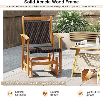 HAPPYGRILL Outdoor Glider Chair Acacia Wood Porch Glider with Rattan Seat and Backrest, Swing Rocking Armchair for Patio, Backyard, Garden, Balcony
