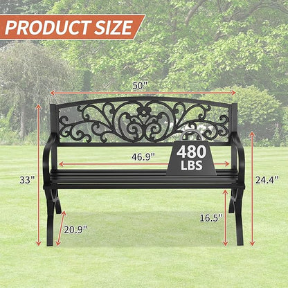 Outdoor Bench Patio Garden 50 Inches Metal Porch Furniture Loveseat, Front Porch Bench with Armrests Patterned Backrest Slatted Seat for Park, Porch, Yard, Lawn, Balcony, Black