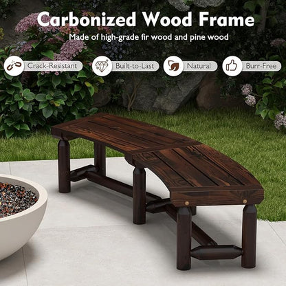 Tangkula Patio Curved Bench, Carbonized Wood Dining Bench, Spacious & Slatted Seat, 710 LBS Max Load, 2-Person Wood Fire Pit Bench for Backyard, Garden, Porch