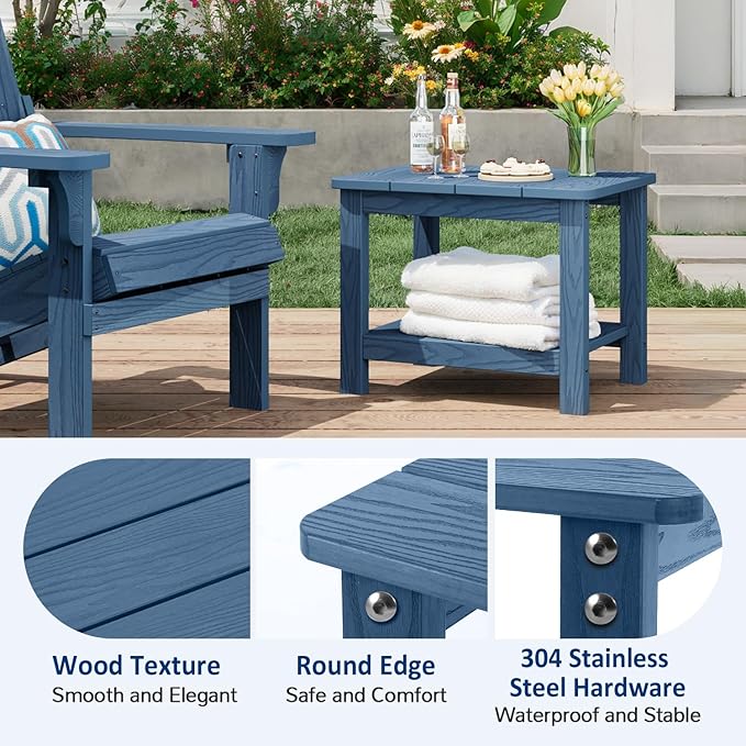18" Outdoor Side Table, 2-Tier Patio Side Table, Weather Resistant, Easy Assembled, HIPS Adirondack Side Table for Backyard, Pool, Indoor, Blue