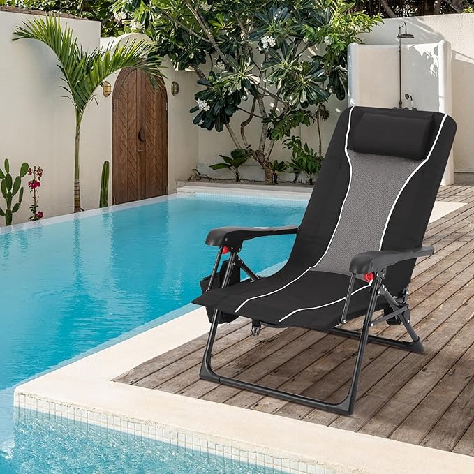 Folding Chaise Lounge Chair for Outdoor – Portable Backpack Reclining Camping Chair with Adjustable Backrest, Pillow & Breathable Fabric, Heavy-Duty 330lbs Capacity, Sun Lounger for Beach Patio Garden