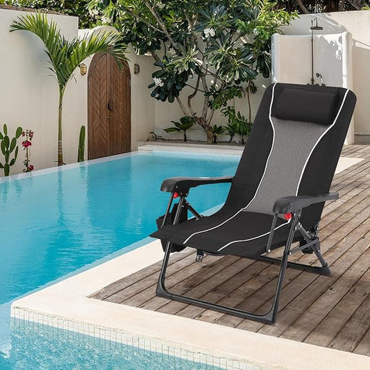 Folding Chaise Lounge Chair for Outdoor – Portable Backpack Reclining Camping Chair with Adjustable Backrest, Pillow & Breathable Fabric, Heavy-Duty 330lbs Capacity, Sun Lounger for Beach Patio Garden
