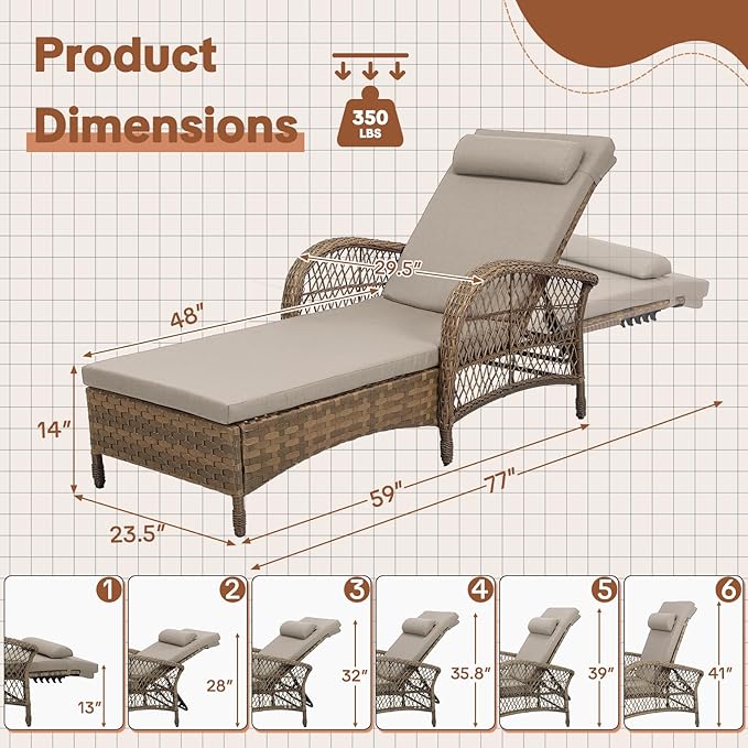 HOMEDIARY Outdoor Wicker Lounge Chair with Cushion, 6-Position Adjustable Patio Chaise Lounge - Photo 2