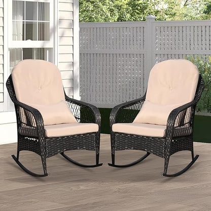 LVUYOYO Outdoor Wicker Rocking Chair of 2, Patio Rattan Rocker Chair with Cushions, Rocking Wicker Furniture Set for Deck, Porch, Garden, Backyard (Khaki)