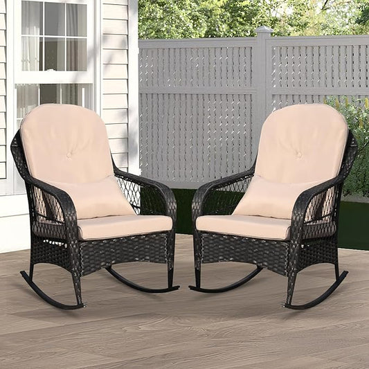 LVUYOYO Outdoor Wicker Rocking Chair of 2, Patio Rattan Rocker Chair with Cushions, Rocking Wicker Furniture Set for Deck, Porch, Garden, Backyard (Khaki)