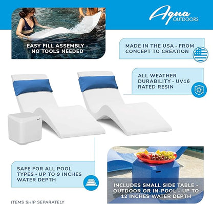 Aqua Outdoors in-Pool Chaise Set - Two Chaises - Two Headrest Pillows and One in Pool Side Table - for ledges up to 9" inches (Grey Granite-Blue)