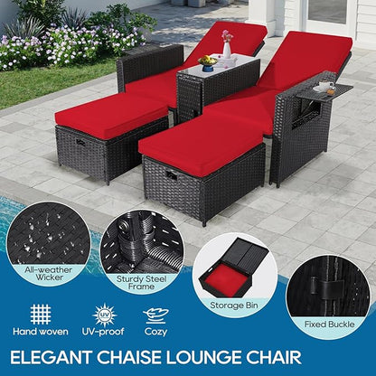 5PCS Outdoor Wicker Chaise Lounge Chair - Rattan Adjustable Reclining Patio Lounge Chair with Ottoman and Coffee Table, for Patio Beach Pool Backyard (Black Wicker Red Cushion)