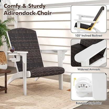 Tangkula Patio Wicker Adirondack Chair, HDPE Lounge Chair w/Rattan Padded Seat & Back, Wide Armrests & Hidden Cupholder, Outdoor All-Weather Adirondack Fire Pit Chair for Backyard, Lawn (4, White)