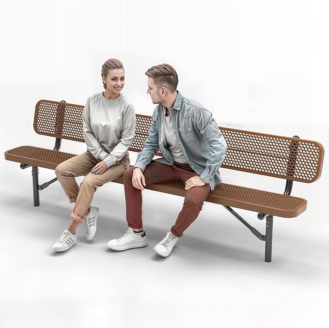 Heavy-Duty Outdoor Metal Bench, Thermoplastic-Coated, Inground, Weatherproof, Commercial-Grade for Parks, Gardens, Patios, Stores & More (8 Ft - Inground with Back, Brown)