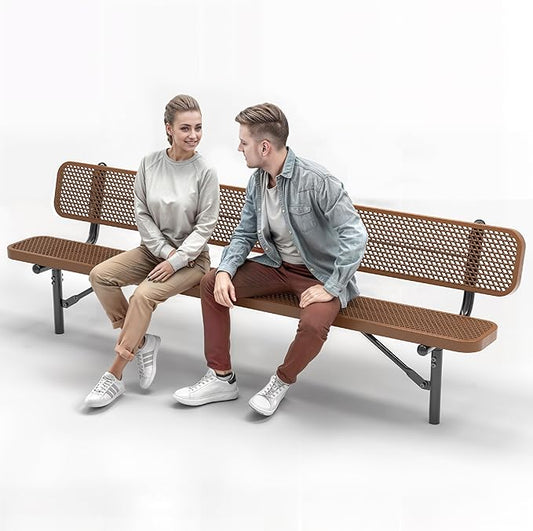 Heavy-Duty Outdoor Metal Bench, Thermoplastic-Coated, Inground, Weatherproof, Commercial-Grade for Parks, Gardens, Patios, Stores & More (8 Ft - Inground with Back, Brown)