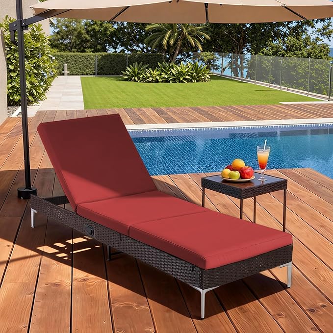 HOMREST Outdoor Chaise Lounge Chair, Patio Wicker Lounge Chair with Pneumatic Adjustable Backrest, Rattan Pool Sunbathing Chair Suitable for Outside with Removable Cushion (Burgundy)