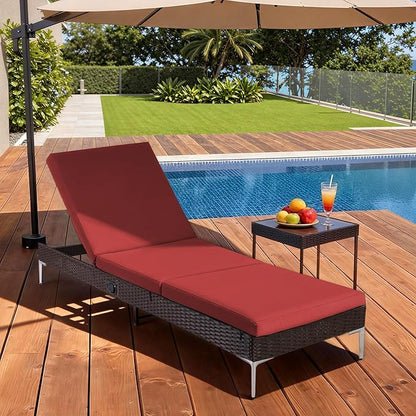 HOMREST Outdoor Chaise Lounge Chair, Patio Wicker Lounge Chair with Pneumatic Adjustable Backrest, Rattan Pool Sunbathing Chair Suitable for Outside with Removable Cushion (Burgundy)