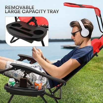 Athena Collection Folding Zero Gravity Chair with Canopy, Adjustable Lounge Chair Recliner, Outdoor Lawn Chair Camping Chairs Beach Chaise Chairs with Headrest & Cup Holder for Patio Pool, Red