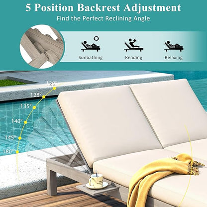 Merax Double Chaise Lounge Outdoor, 2-Person Acacia Wood Patio Daybed with 5-Position Adjustable Backrest and Folding Side Trays, Outside Furniture with Thick Cushions for Porch Poolside Garden,Grey