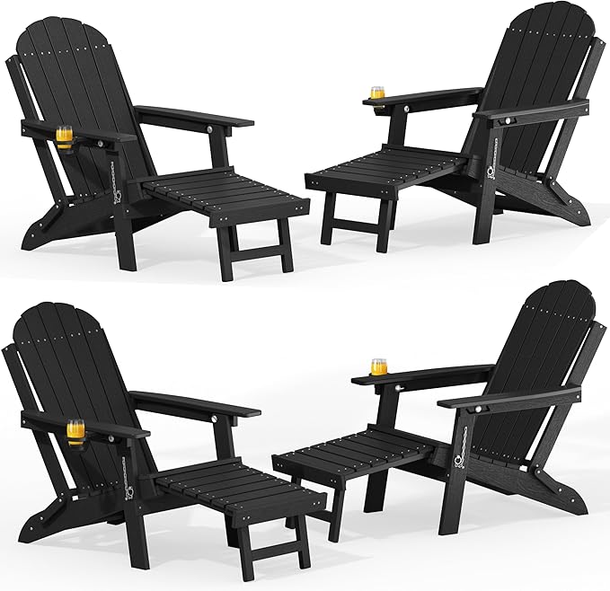YEFU Adirondack Chairs with Retractable Ottoman: Adjustable Folding Adirondack Chairs Set of 4 - Adjustable Backrest with Cup Holder - HDPE Plastic All Weather for Outdoor/Patio/Fire Pit/Lawn(Black)