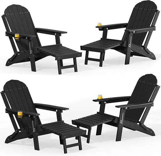 YEFU Adirondack Chairs with Retractable Ottoman: Adjustable Folding Adirondack Chairs Set of 4 - Adjustable Backrest with Cup Holder - HDPE Plastic All Weather for Outdoor/Patio/Fire Pit/Lawn(Black)