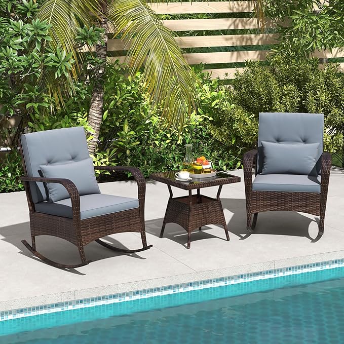 ORALNER 3 Pieces Patio Furniture Set, Outdoor Wicker Rocking Chairs with Cushions, Pillows, Glass Coffee Table - Photo 2