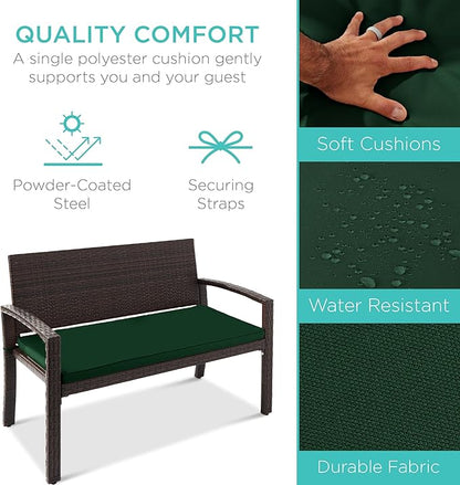 Best Choice Products Outdoor Bench 2-Person Wicker Garden Patio Benches Seating Furniture for Backyard, Porch w/Seat Cushion, 700lb Capacity - Midnight Green/Brown