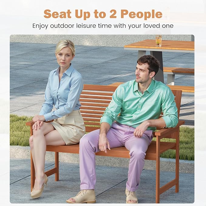 Tangkula Outdoor Wood Bench, 2-Person Heavy Duty Patio Loveseat Chair with Slatted Backrest and Seat, Outisde Wooden Bench for Front Porch, Lawn, Park and Backyard