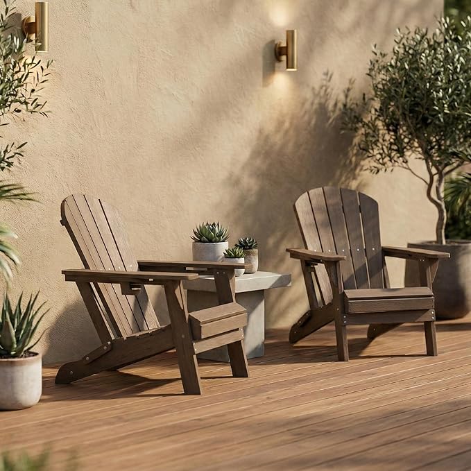Kingdura Folding Adirondack Chairs Set of 2, Portable HDPE Outdoor Patio Chair with Wooden Textured & Cup Holder, All Weather Resistant, 380LBS Capacity for Pool, Backyard, Balcony, Fire Pit (Brown)