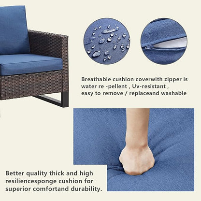 Rilyson Wicker Outdoor Patio Chairs Set - 3 Piece Rattan Patio Furniture Bistro Chairs Set with Waterproof Wicker,Comfortable Cushions and Sturdy Metal Frame for Porch Deck Backyard(Brown/Blue)