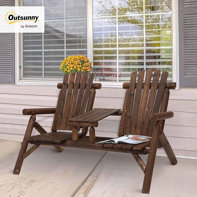 Outsunny 2-Seat Wooden Adirondack Chair, Patio Bench with Table, Outdoor Loveseat Fire Pit Chair for Porch, Backyard - Photo 2
