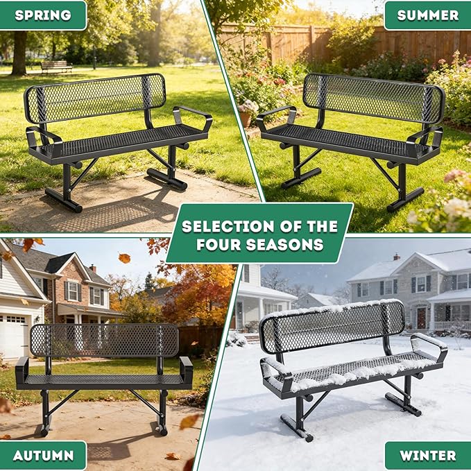 Outdoor Garden Bench, Cast Iron Metal Frame Patio Park Bench with Backrest, Portable Expanded Metal Black Bench, Commercial-Grade Outdoor Seating for Patio, Park, Garden (Black with armrest, 4FT/48'')