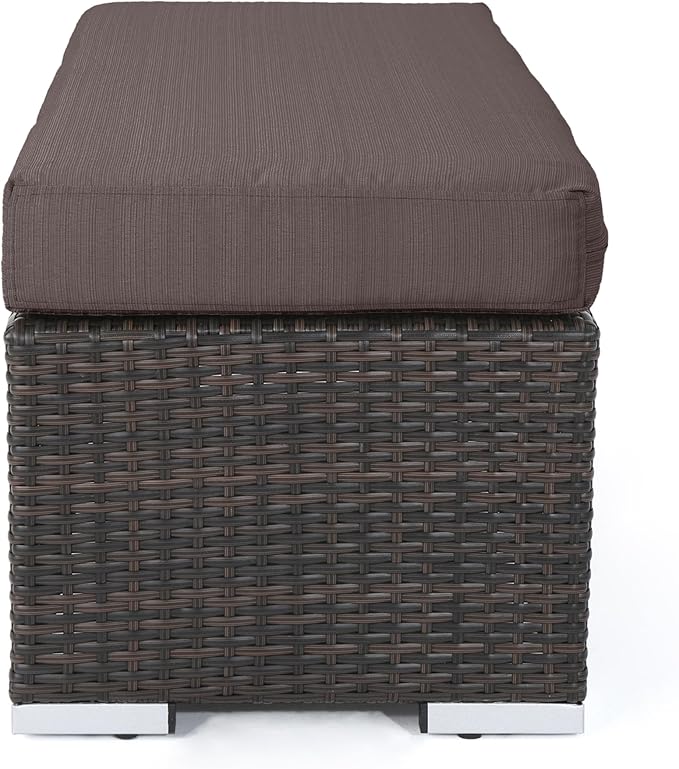 Christopher Knight Home Kiin Durable Resin Wicker Outdoor Bench with Comfy Removable Cushion, Rectangular Garden Bench with Iron Frame, Long Extra Seating for Poolside/Patio/Balcony, Brown