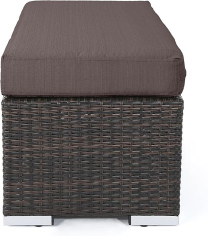 Christopher Knight Home Kiin Durable Resin Wicker Outdoor Bench with Comfy Removable Cushion, Rectangular Garden Bench with Iron Frame, Long Extra Seating for Poolside/Patio/Balcony, Brown