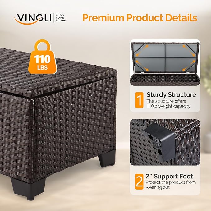 VINGLI Outdoor Coffee Table with Storage, All-Weather Dark Brown Wicker Patio Table for Garden, Balcony, Backyard - Photo 6