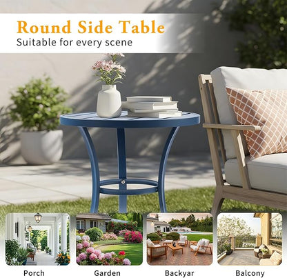 Outvita Outdoor Round Side Table, Small Metal End Table Black Coffee Table for Patio Lawn Garden Living Room Bedroom Sturdy (Single Layer, Navy Blue)