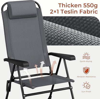 TLSUNNY Folding Patio Chairs Set of 4, Outdoor Lawn Chair w/ 5 Level Adjustable Teslin Back, Removable Headrest, Ergonomic Armrest, Foot Pad, All Weather for Camping, Garden, Pool, 300Lbs (4, Grey)