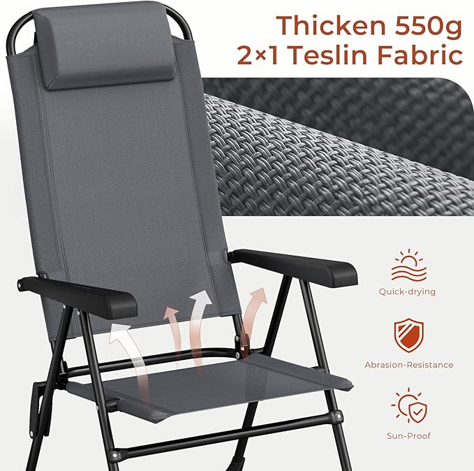 TLSUNNY Folding Patio Chairs Set of 2, Outdoor Lawn Chair w/ 5 Level Adjustable Teslin Back, Removable Headrest, Ergonomic Armrest, Foot Pad, All Weather for Camping, Garden, Pool, 300Lbs (2, Grey)