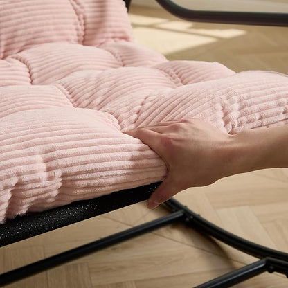 Pink Rocking Chair with Foot Rest, Outdoor Indoor Rocking Lounge Chair with Cushion, Comfortable Patio Rocker Chairs for Patio, Porch, Garden, Living Room, Reading, Metal Frame
