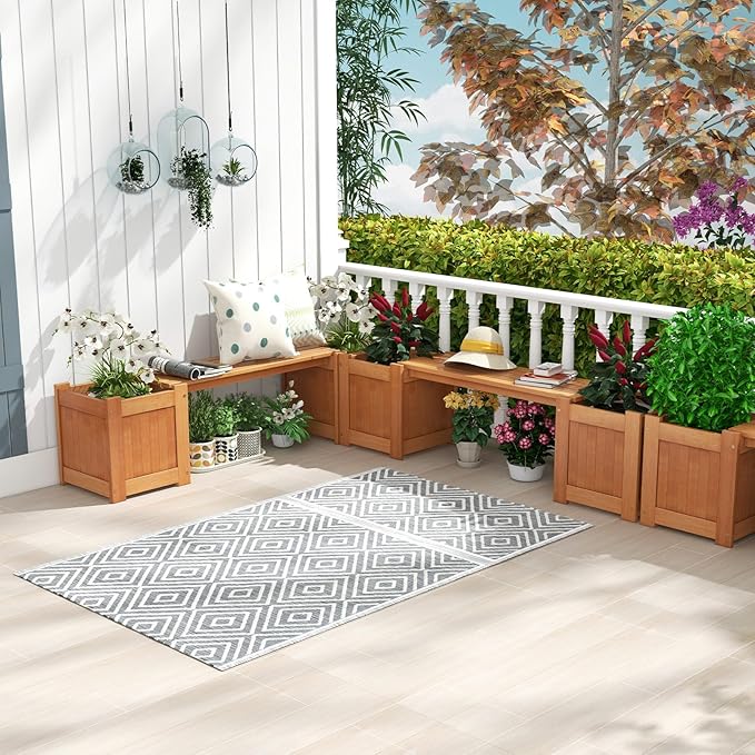Moccha Wood Garden Bench with Planter Boxes, Raised Garden Bed with Open-Ended Base, Teak Oil Finish, Patio Planter Box Bench, Outdoor Plant Container for Garden, Yard, Lawn, Balcony, DIY Assembly