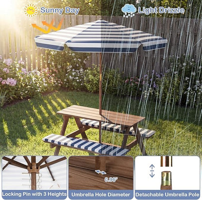 Costzon Kids Picnic Table, Wooden Toddler Outdoor Table & Bench Set with Removable Umbrella & Cushions, Stripe Fabric, Kids Outdoor Furniture for Patio Backyard Garden, Fits 4 Children Age 3+ (Navy)
