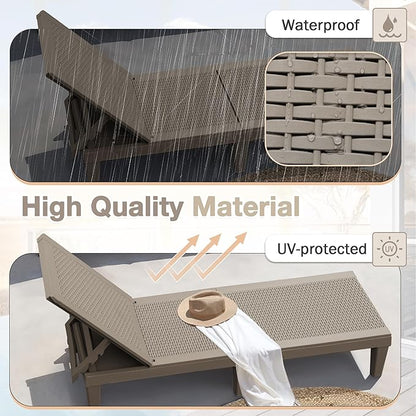 Homall Outdoor Lounge Chairs Set of 2, Quick Assembly & Waterproof Patio Chaise Lounge with Adjustable Backrest for Poolside, Beach, Garden (Light Brown)