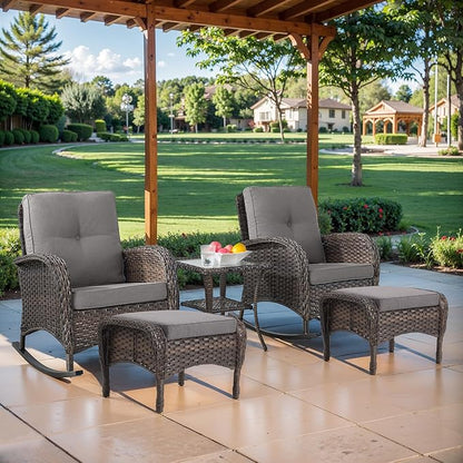 Belord Wicker Porch Rocking Chairs - 3 Pieces Patio Bistro Set High Back Outdoor Rocker Chairs Set with Side Table for Deck Balcony Brown/Grey