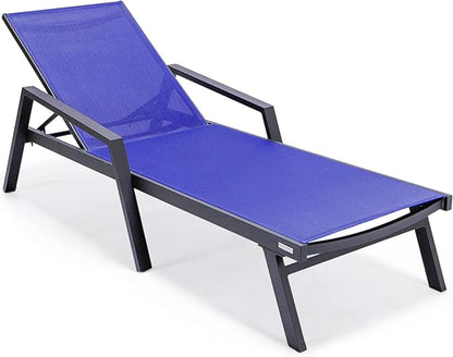 LeisureMod Marlin Patio Chaise Lounge Chair, Adjustable Outdoor Black Aluminum Lounge with Breathable Mesh Sling Back, Lightweight Poolside Reclining Sun Lounger Weather & UV Resistant (Navy Blue)