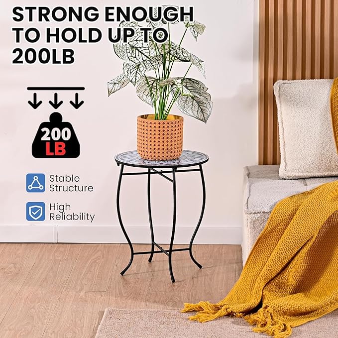 Round Side Table, 14” Patio Accent Weather Resistant Metal Side Table for Livingroom Patio Balcony Yard Porch Garden, Indoor Outdoor Small Plant Stand