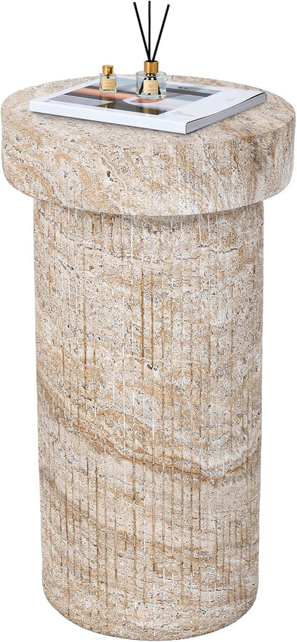 Side Table, 24" Pedestal End Table, 3-in-1 Durable Lightweight Round Coffee Table, Decorative Patio Accent Table Fluted Garden Stool Art Decor for Poolside, Balcony, Living Room, Beige