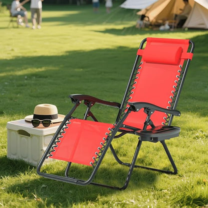 Zero Gravity Chair, Portable Outdoor Chair, Reclining Patio Lounge Chair with Adjustable Pillow and Cup Holder Trays for Outdoor, Patio, Beach, Camping, Garden, Poolside, Red
