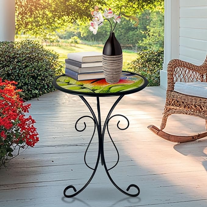 HONGLAND Outdoor Side Table, Small Outdoor Table, 12" Round Patio Side Table End Table, Glass Plant Stand, Small Bistro Coffee Table for Garden Patio Porch Living Room (Butterfly)