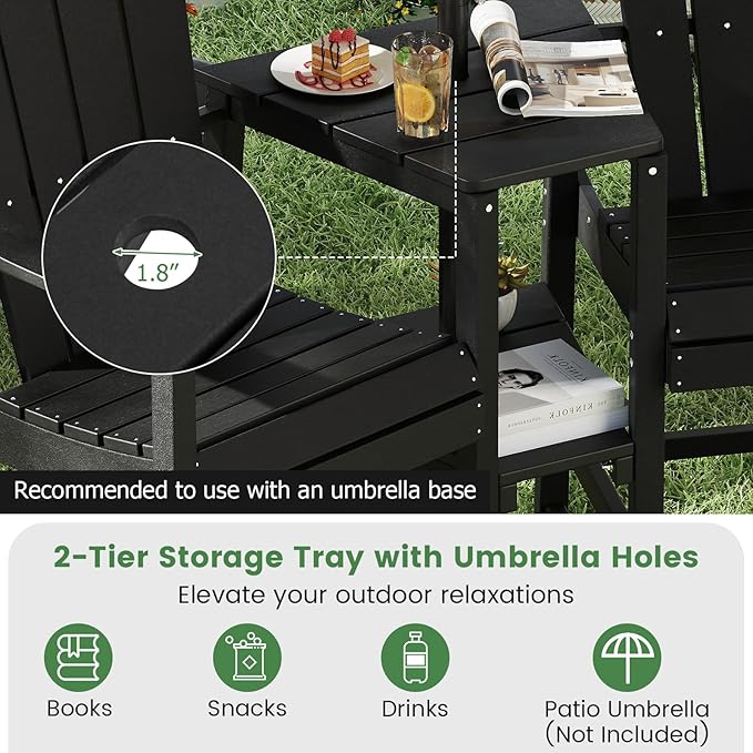 Giantex Outdoor Tall Adirondack Chairs Set of 2, HDPE Adirondack Bar Stools w/Double Connecting Tray, Umbrella Hole, High Backrest, All-Weather Balcony Chair, Patio Barstools for Garden Lawn (Black)
