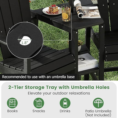 Giantex Outdoor Tall Adirondack Chairs Set of 2, HDPE Adirondack Bar Stools w/Double Connecting Tray, Umbrella Hole, High Backrest, All-Weather Balcony Chair, Patio Barstools for Garden Lawn (Black)
